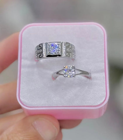 Silver Plated Crystal Couple Rings Set of 2 Adjustable