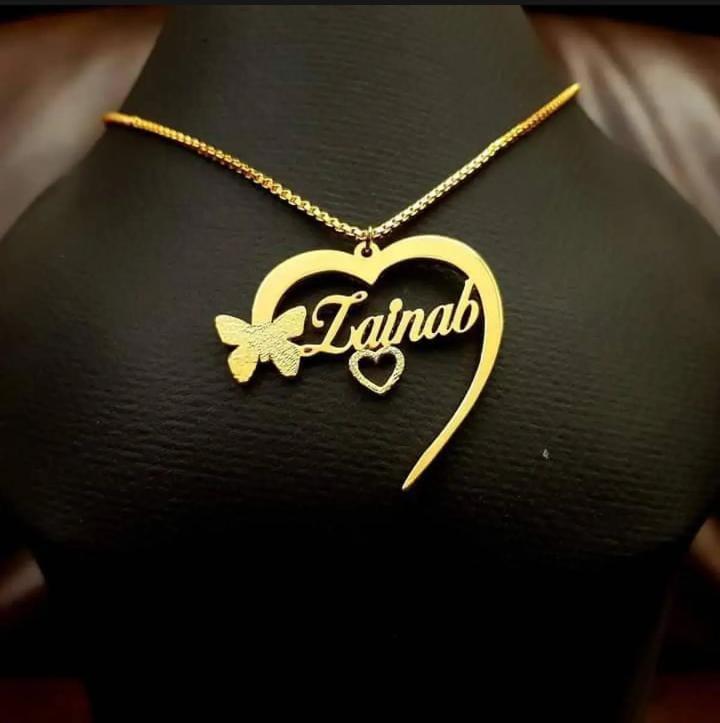 Gold Plated Name Necklace for Women Zainab Heart Butterfly Design