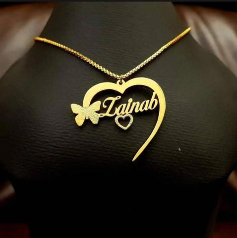 Gold Plated Name Necklace for Women Zainab Heart Butterfly Design