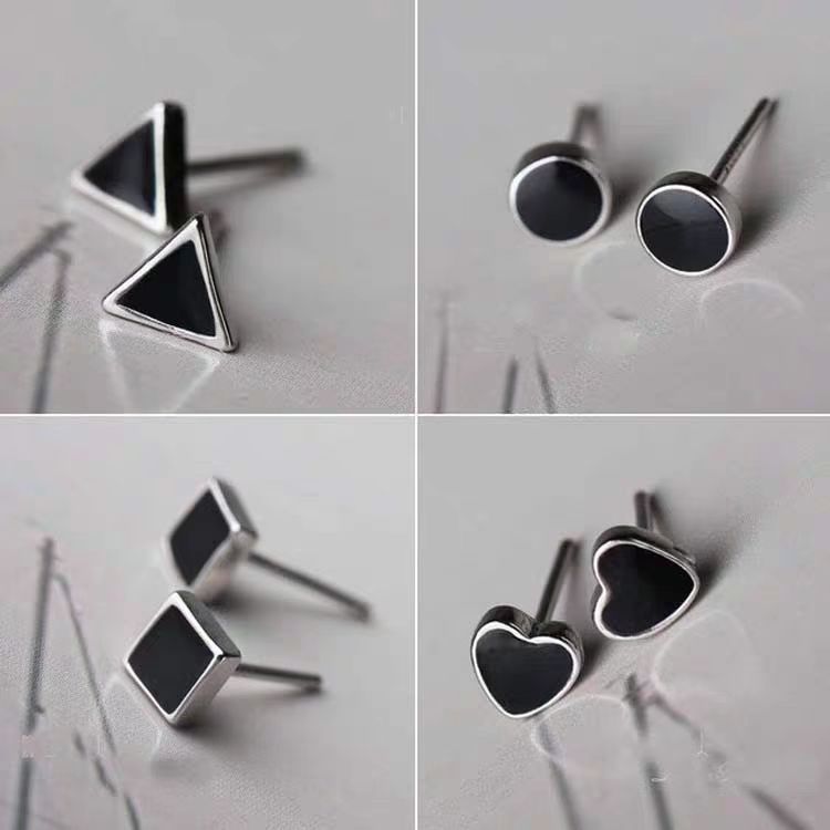Modern Geometric Stud Earrings 925 Silver Black Inlay