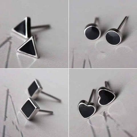 Modern Geometric Stud Earrings 925 Silver Black Inlay