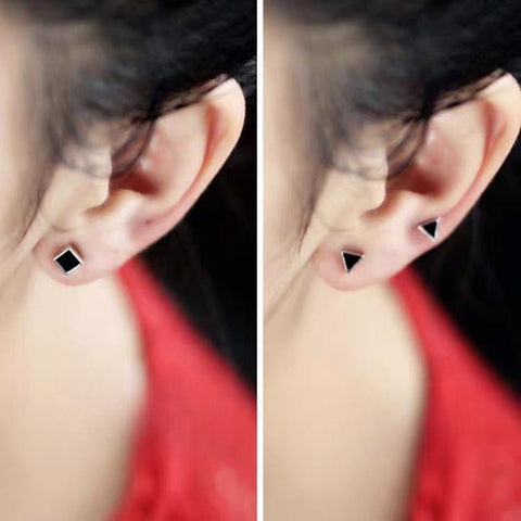 Modern Geometric Stud Earrings 925 Silver Black Inlay