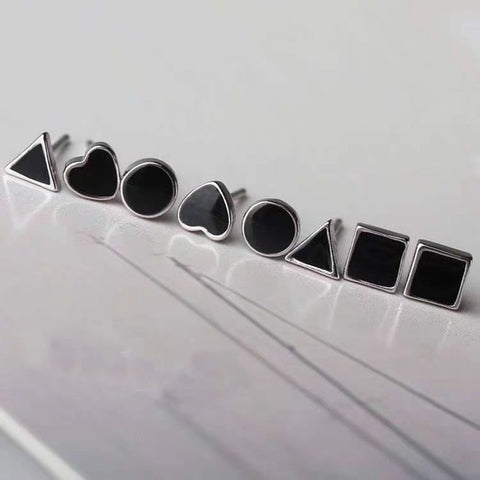 Modern Geometric Stud Earrings 925 Silver Black Inlay